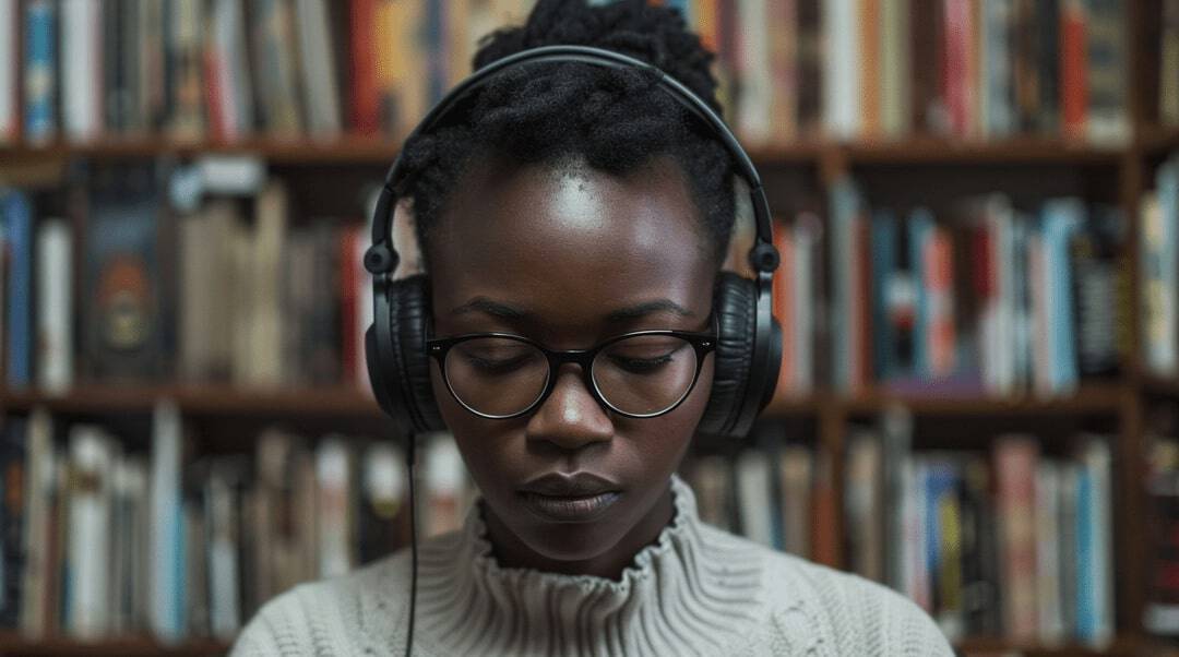 Girl with headphones and glasses in front of bookshelves