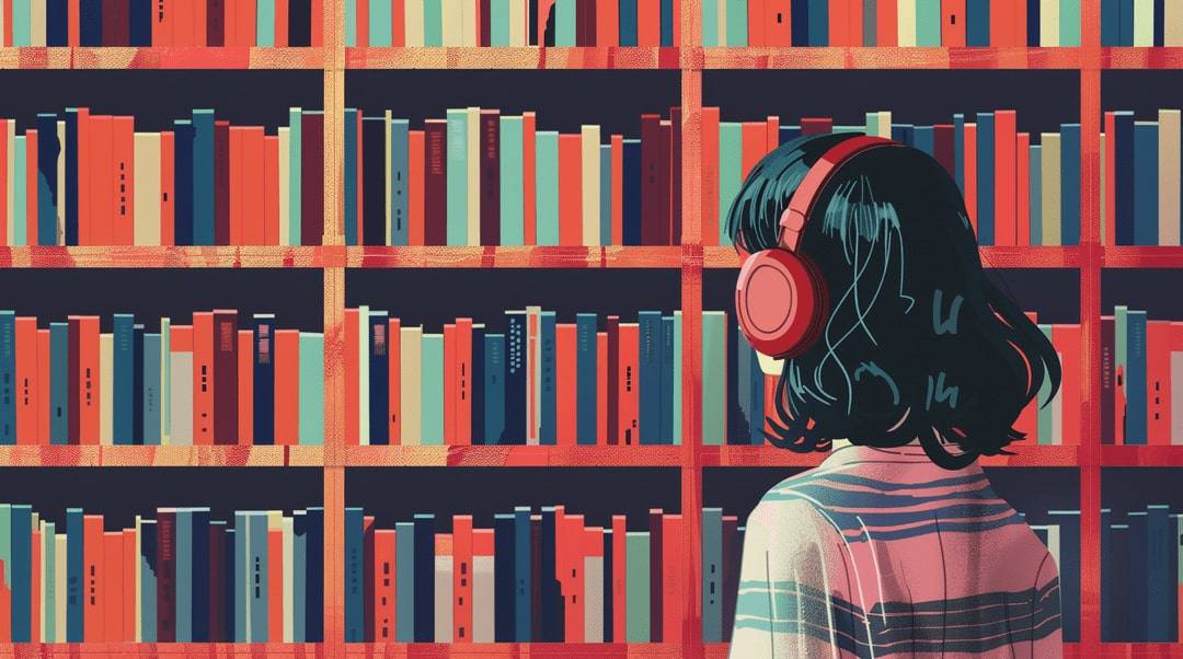 Girl with headphones looking at bookshelves