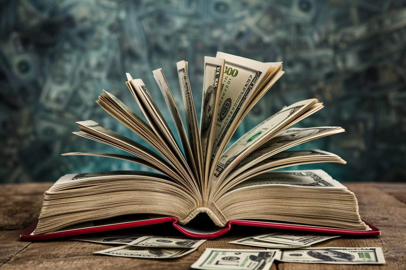 Open book with dollar bills between the pages