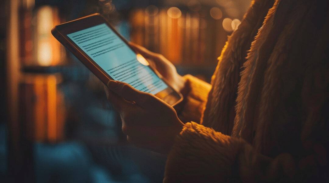 Person reading on a tablet in a dimly lit room