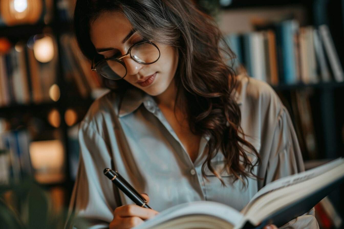 Person with glasses reading a book and taking notes