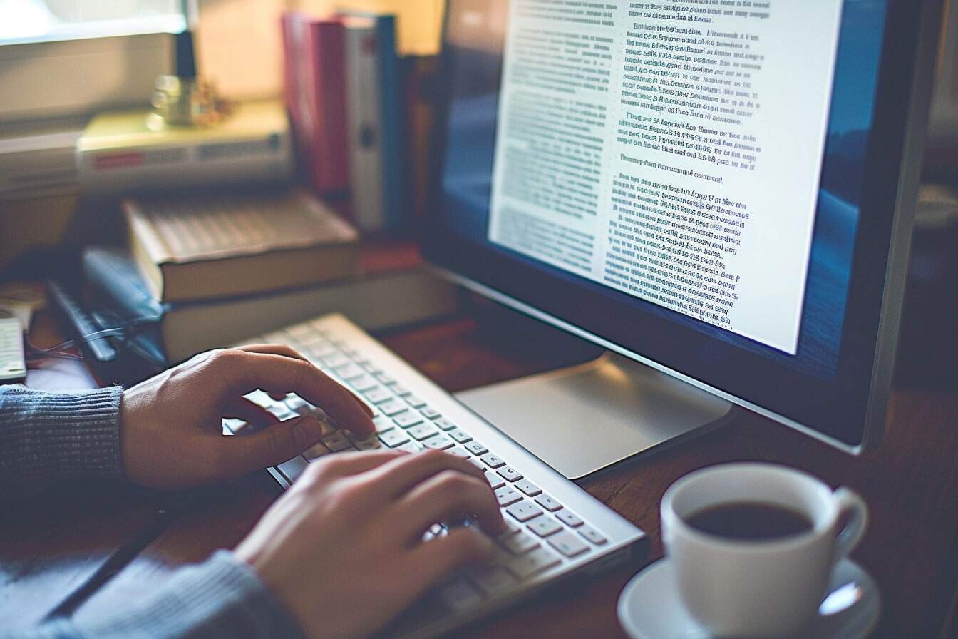 Person typing on a keyboard with a monitor and a cup of coffee