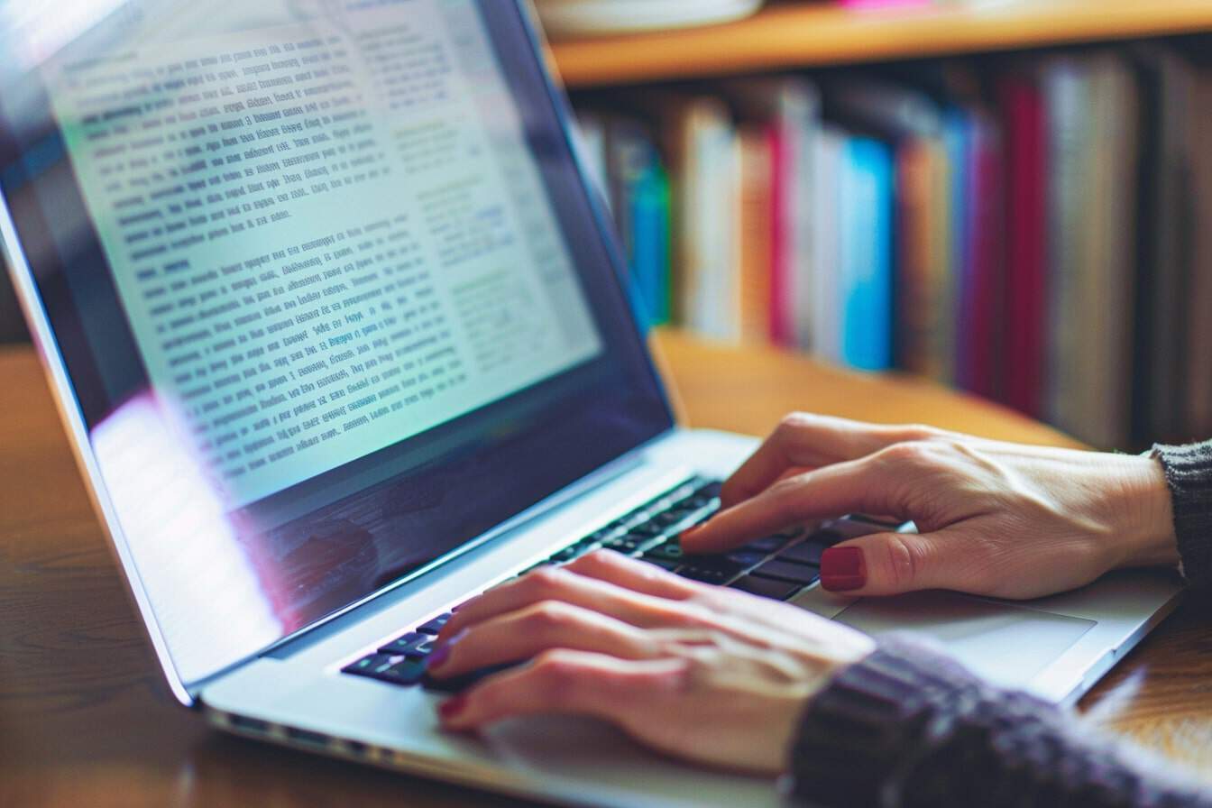 Typing on a laptop with books in the background