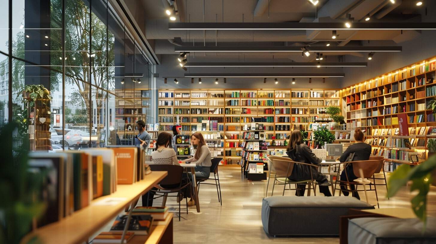 People reading in a modern bookstore