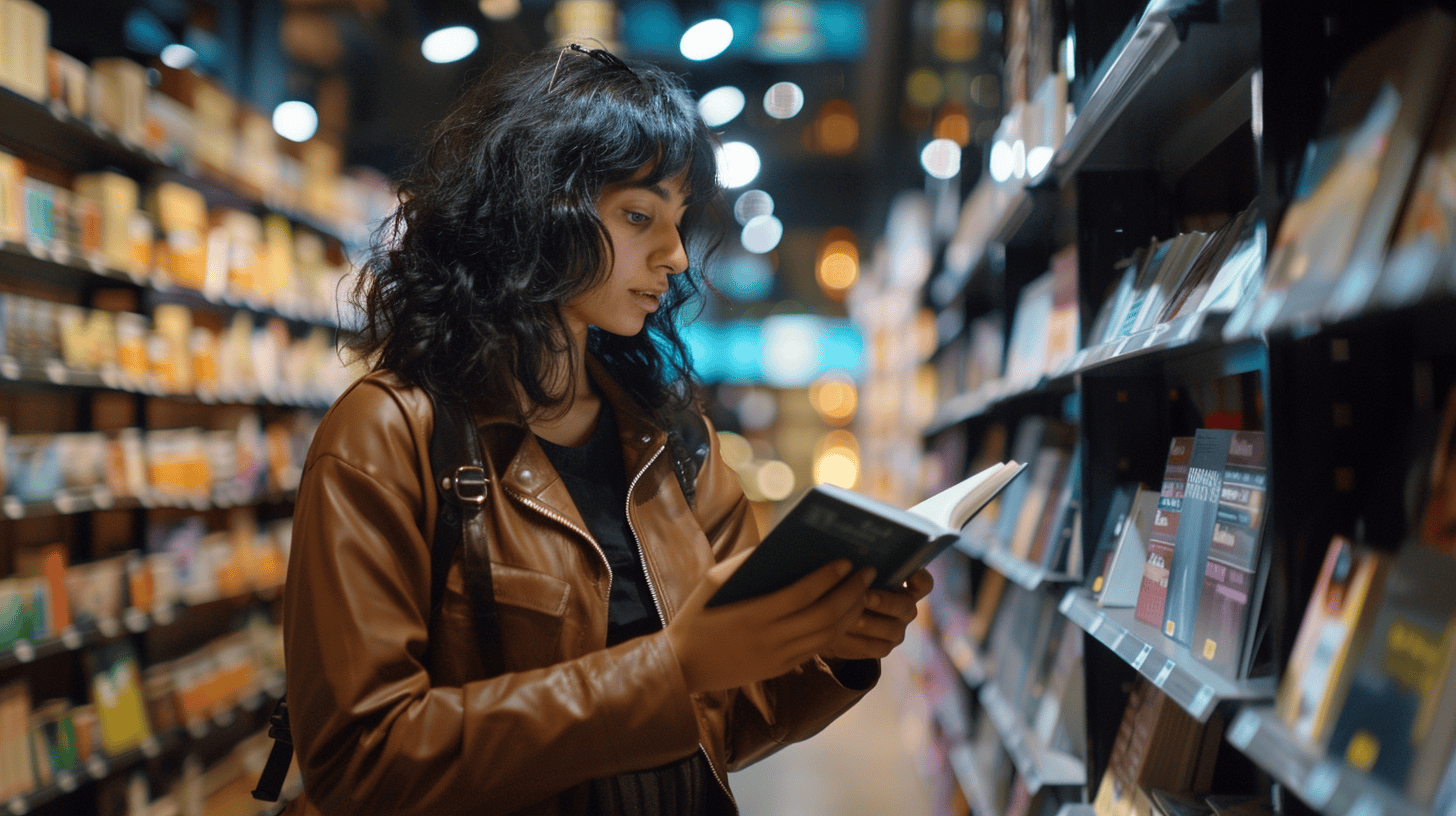 a woman reading a book in a bookstore