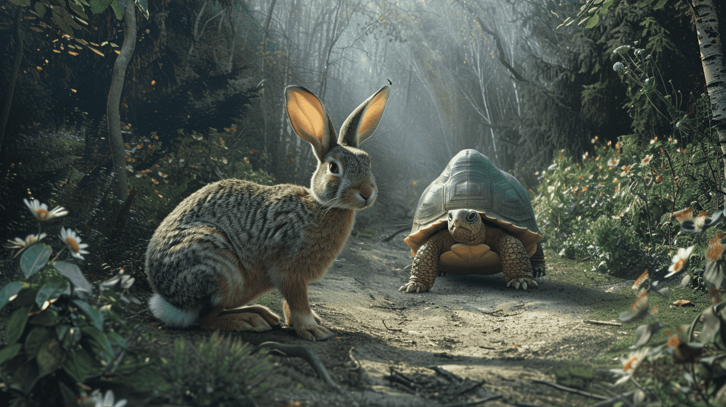 A hare and a tortoise in the forest