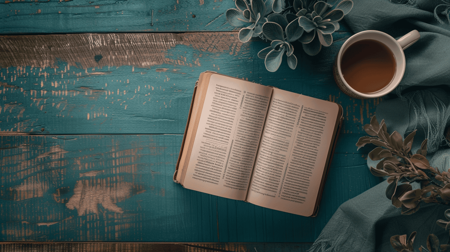 An open book lying on a blue wooden desk