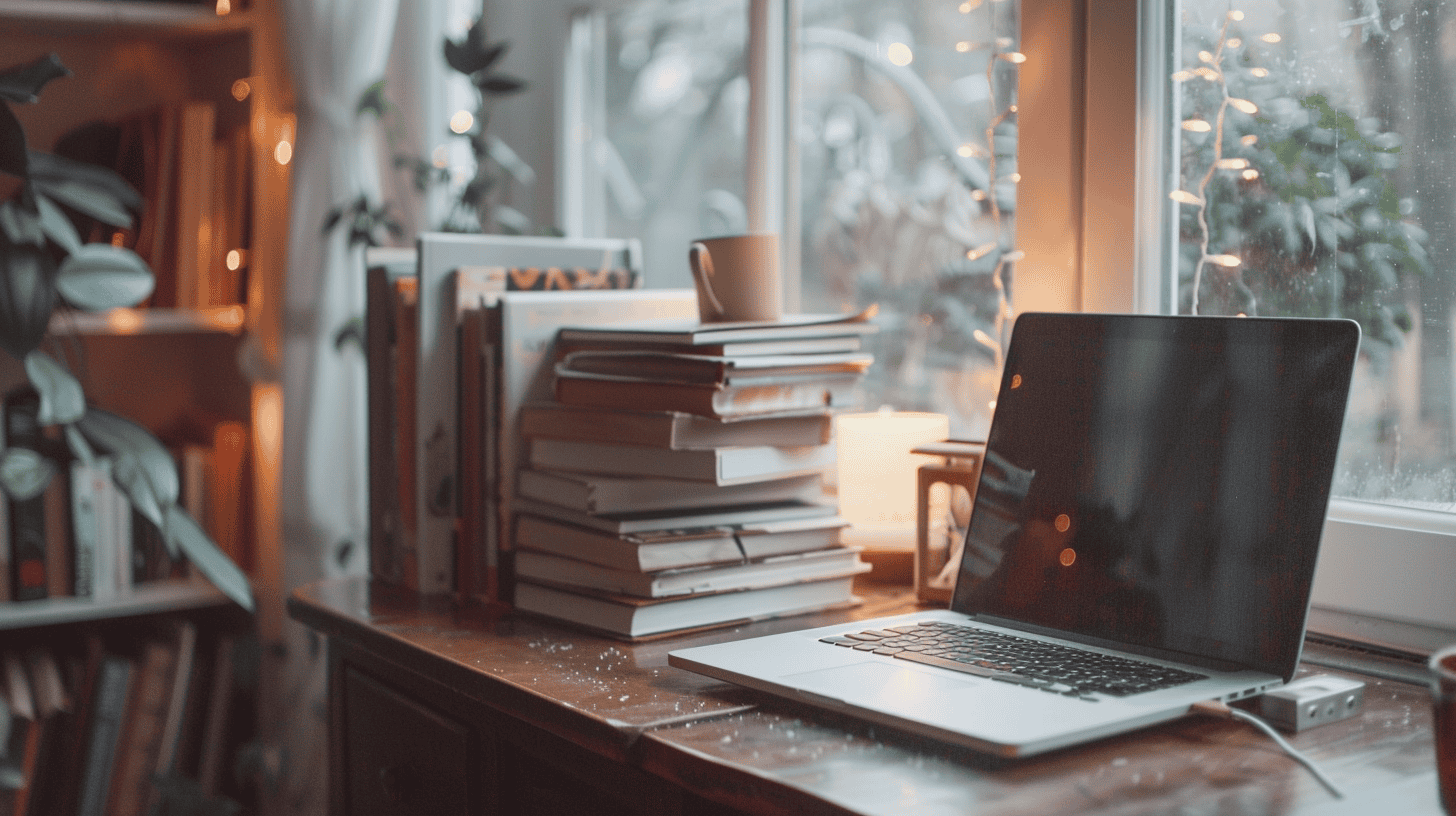 Stack of books with laptop on wooden table