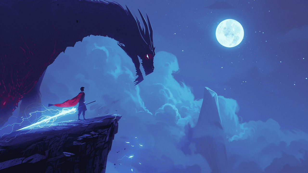 A cartoon image of a dragon and a knight standing on a cliff looking at a full moon