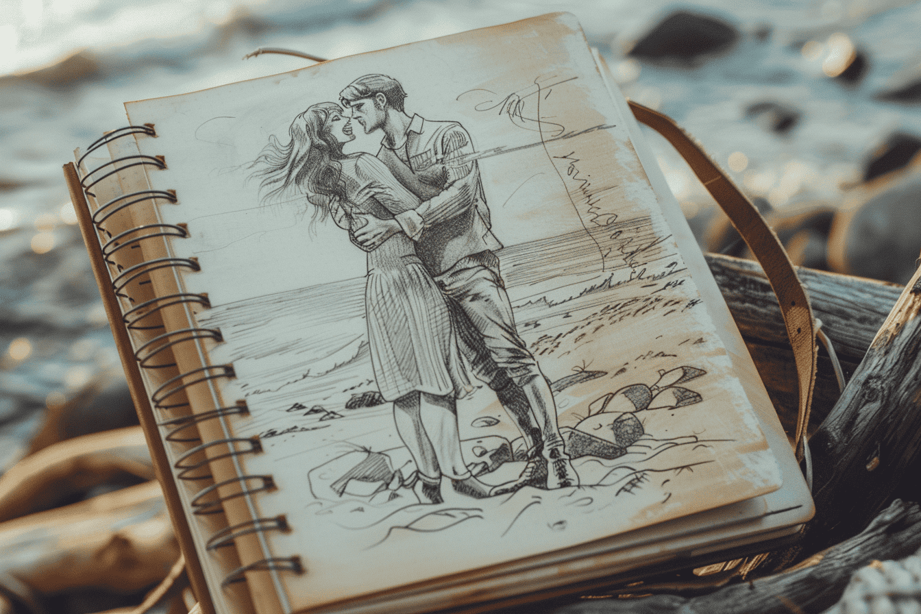 A sketch in a notebook of a couple embracing on a sunlit beach, the ocean stretching out behind them