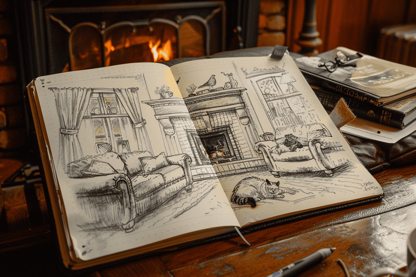 A sketch in a notebook of a cozy living room with a fireplace and a cat curled up on the floor