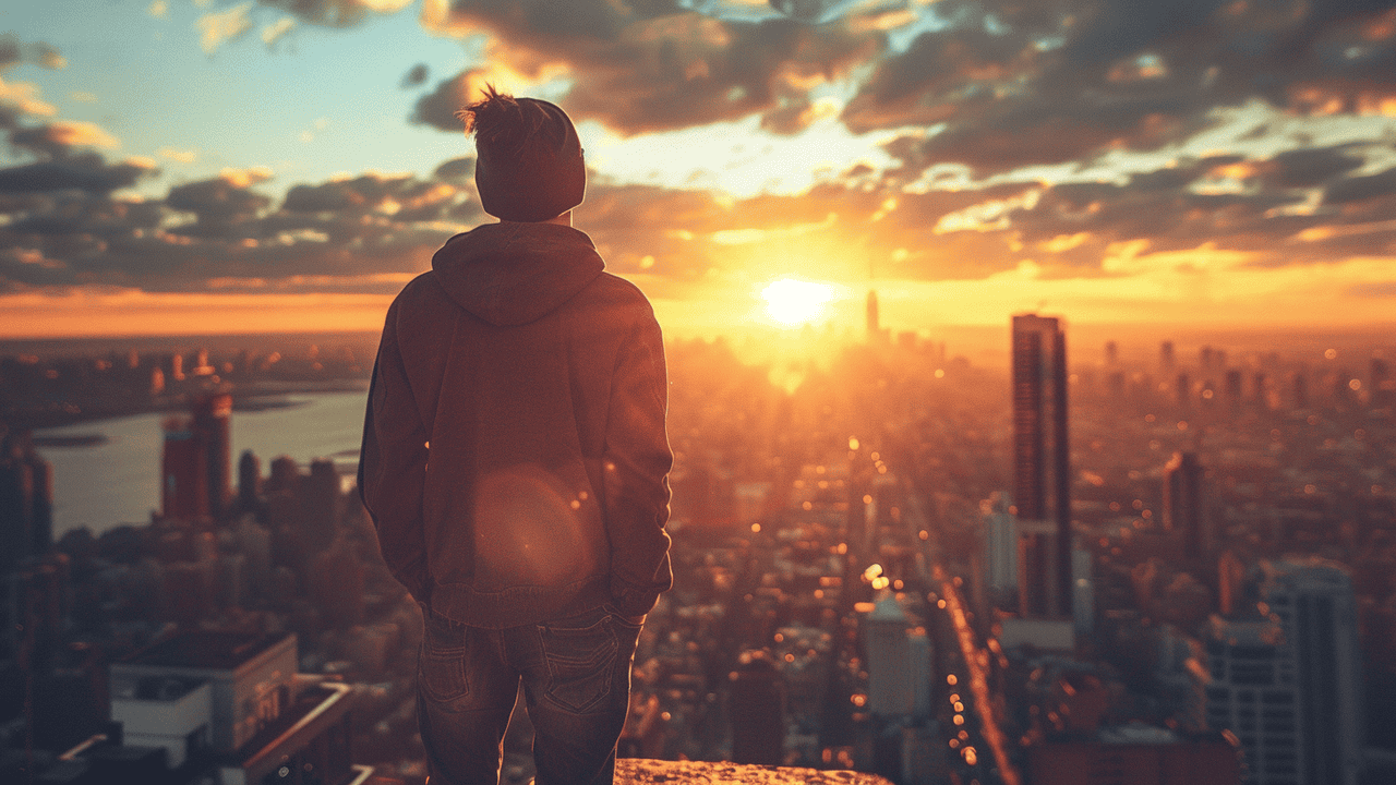 A person standing on a high building looking into the distance at a city skyline