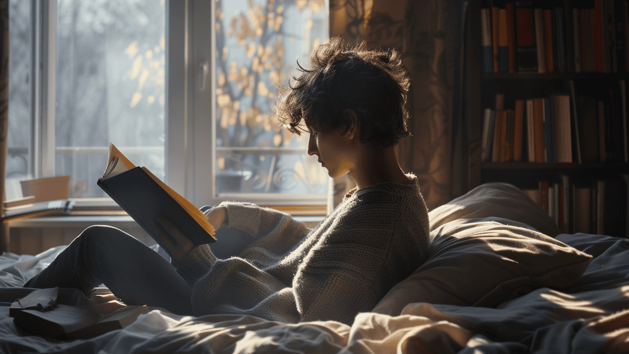 A teenage boy sitting on a bed and reading a book