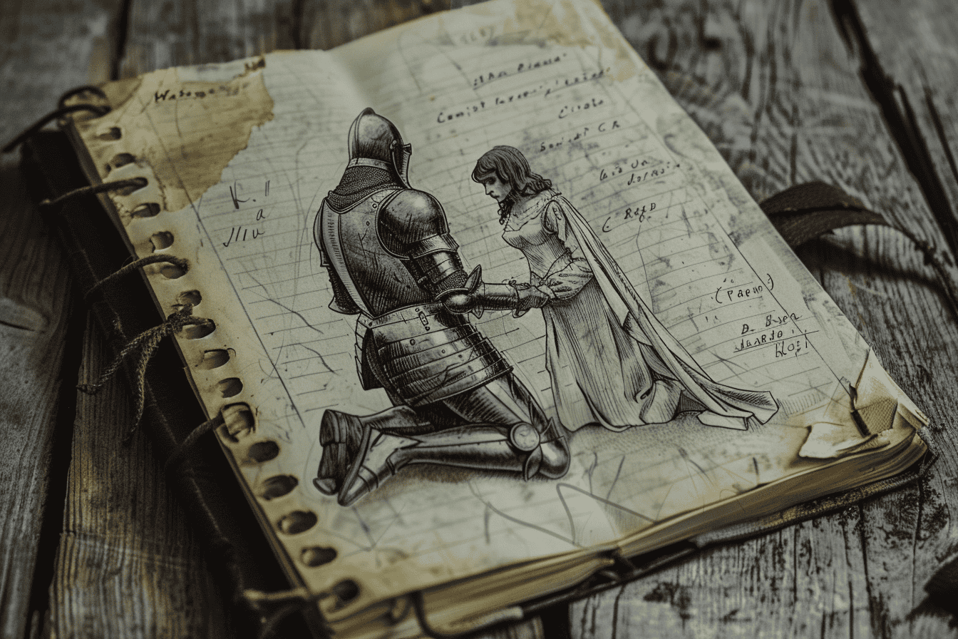 A vintage notebook with a hand-drawn sketch of a knight kneeling before a princess