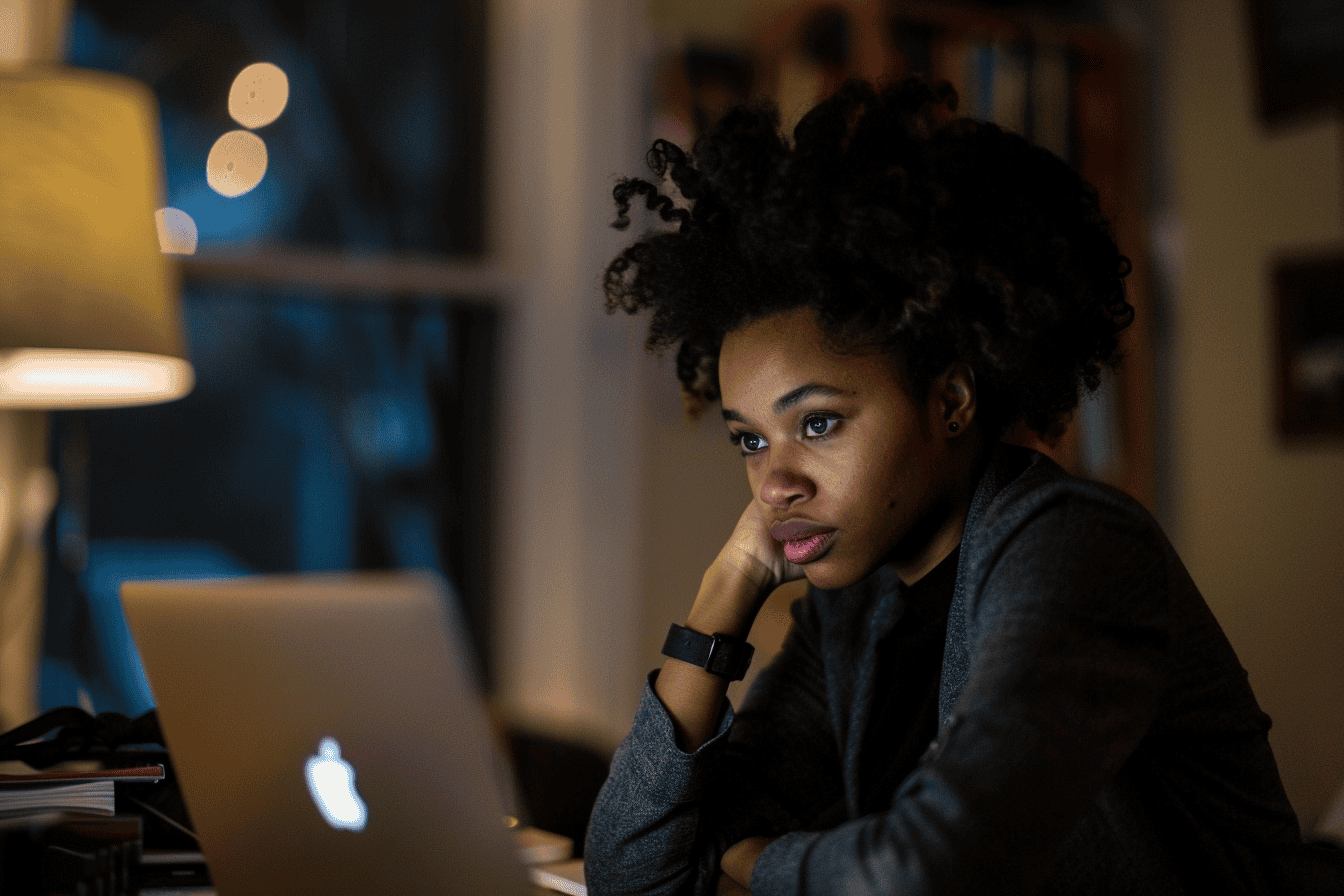 A woman sitting at a desk, staring at the monitor of her laptop intently