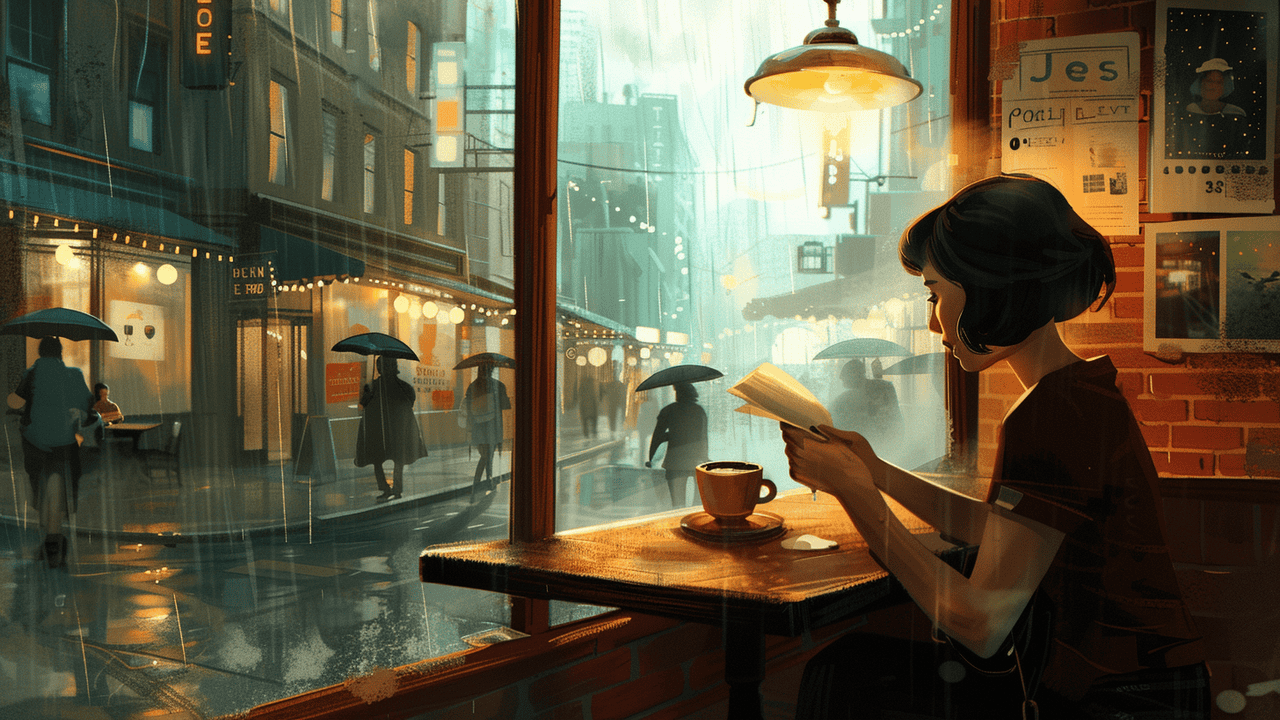 Cartoon image of a girl sitting in a cafe at a table by the window and reading papers while the rain is pouring outside and with silhouettes of people with umbrellas visible