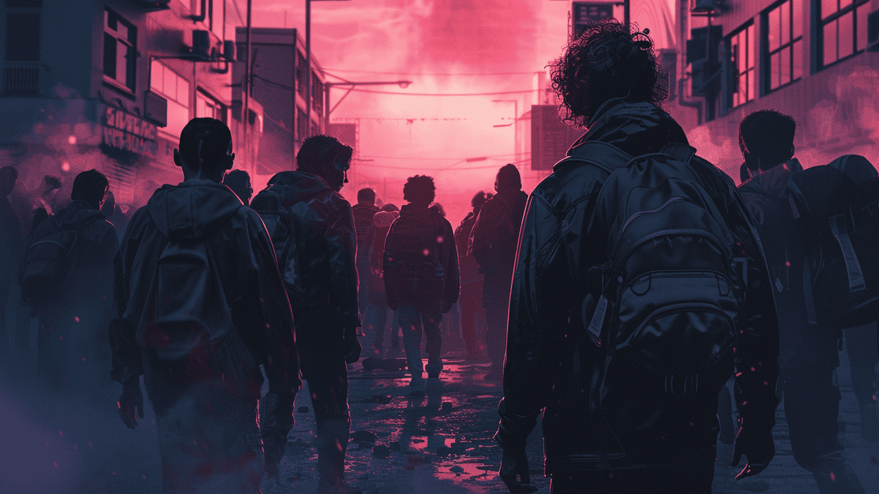 Cartoon-like image of people walking ahead in a dystopian world with pink sky in the background