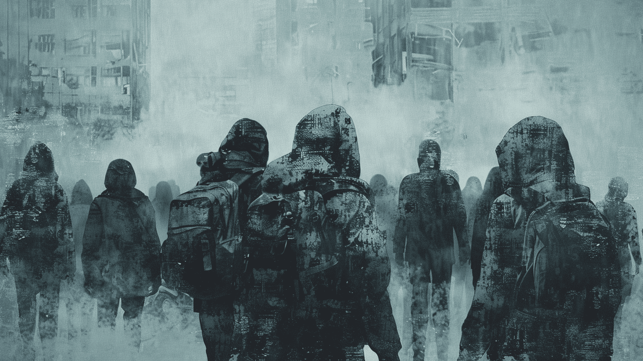 Group of individuals walking in a dystopian setting with fog surrounding them