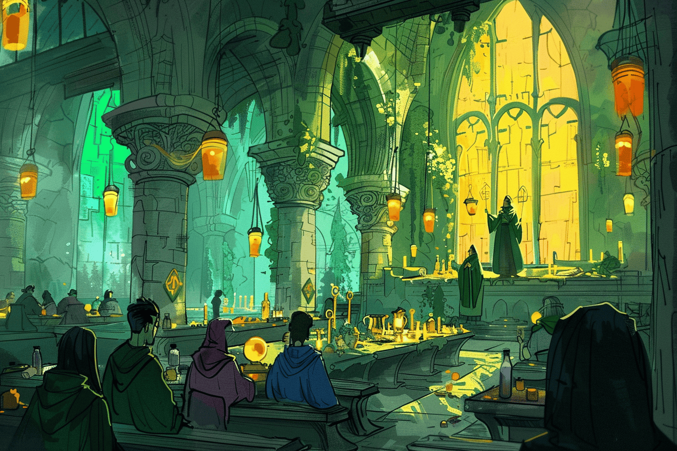 A grand, ancient academy with students in colorful robes studying spells and potions