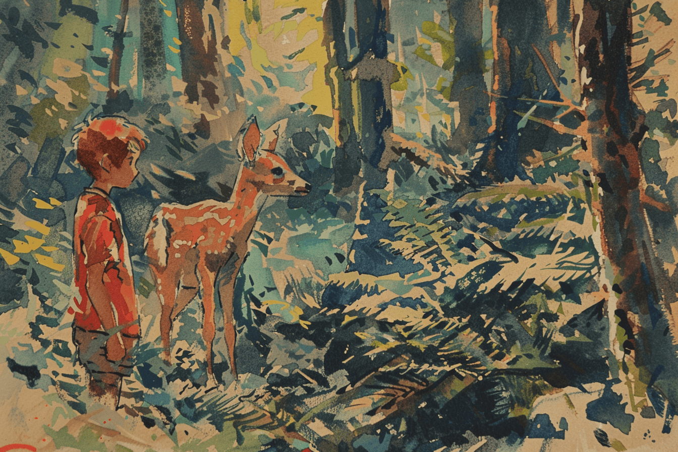 A young boy and a young deer stand in a lush, sun-dappled forest