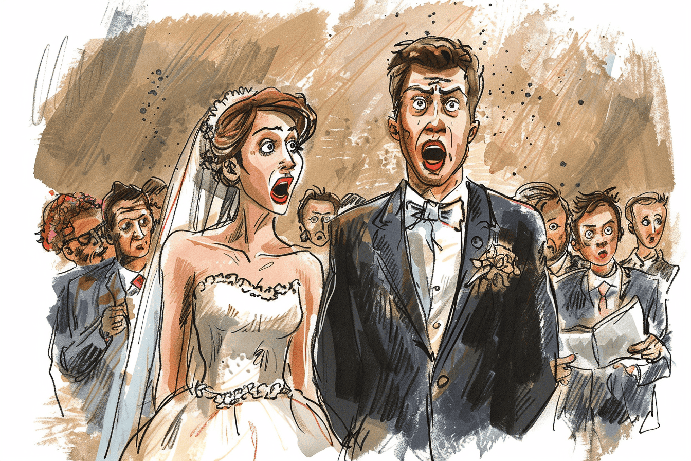 A bride and groom standing in shock as the wedding ceremony is interrupted by a dramatic event