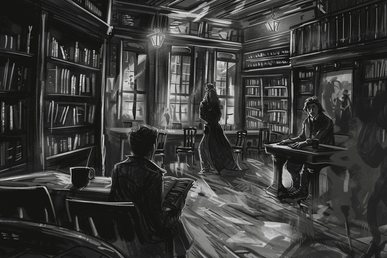 Two characters talking in a library while a third observes the world outside the window