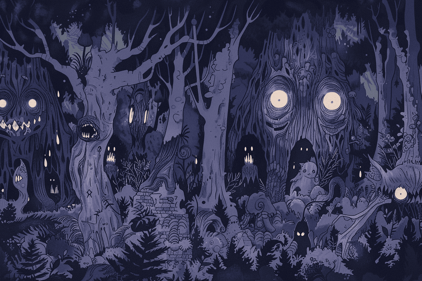 A dark forest filled with strange creatures and ominous shadows, where danger lurks at every turn