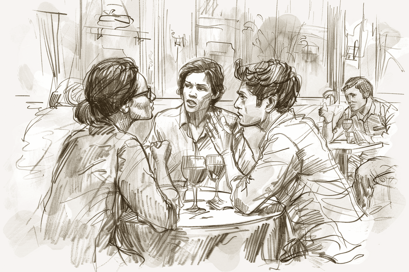 Three friends arguing in a coffee shop while a love interest watches