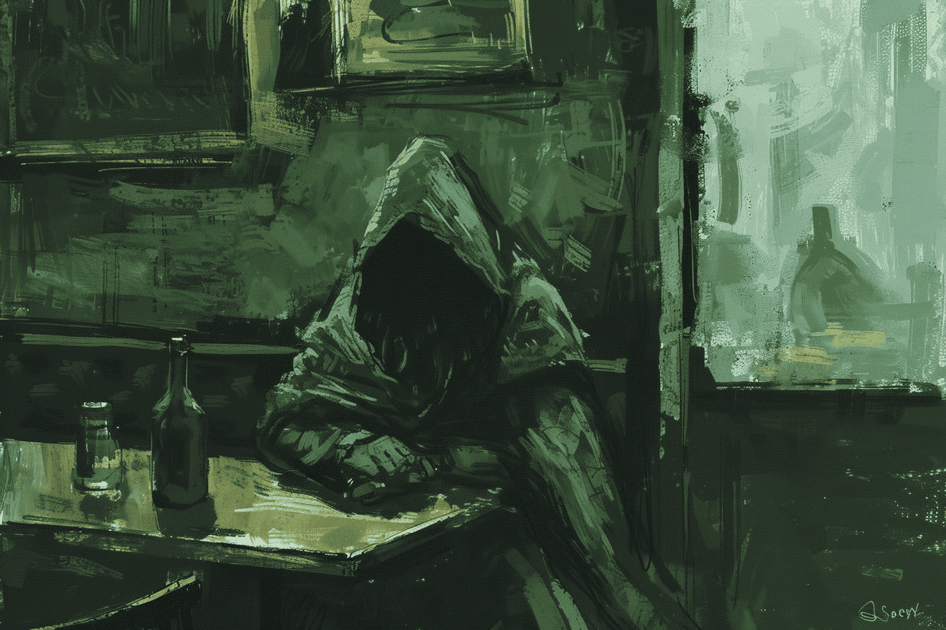 A hooded, lonely traveler sitting in a corner of a tavern