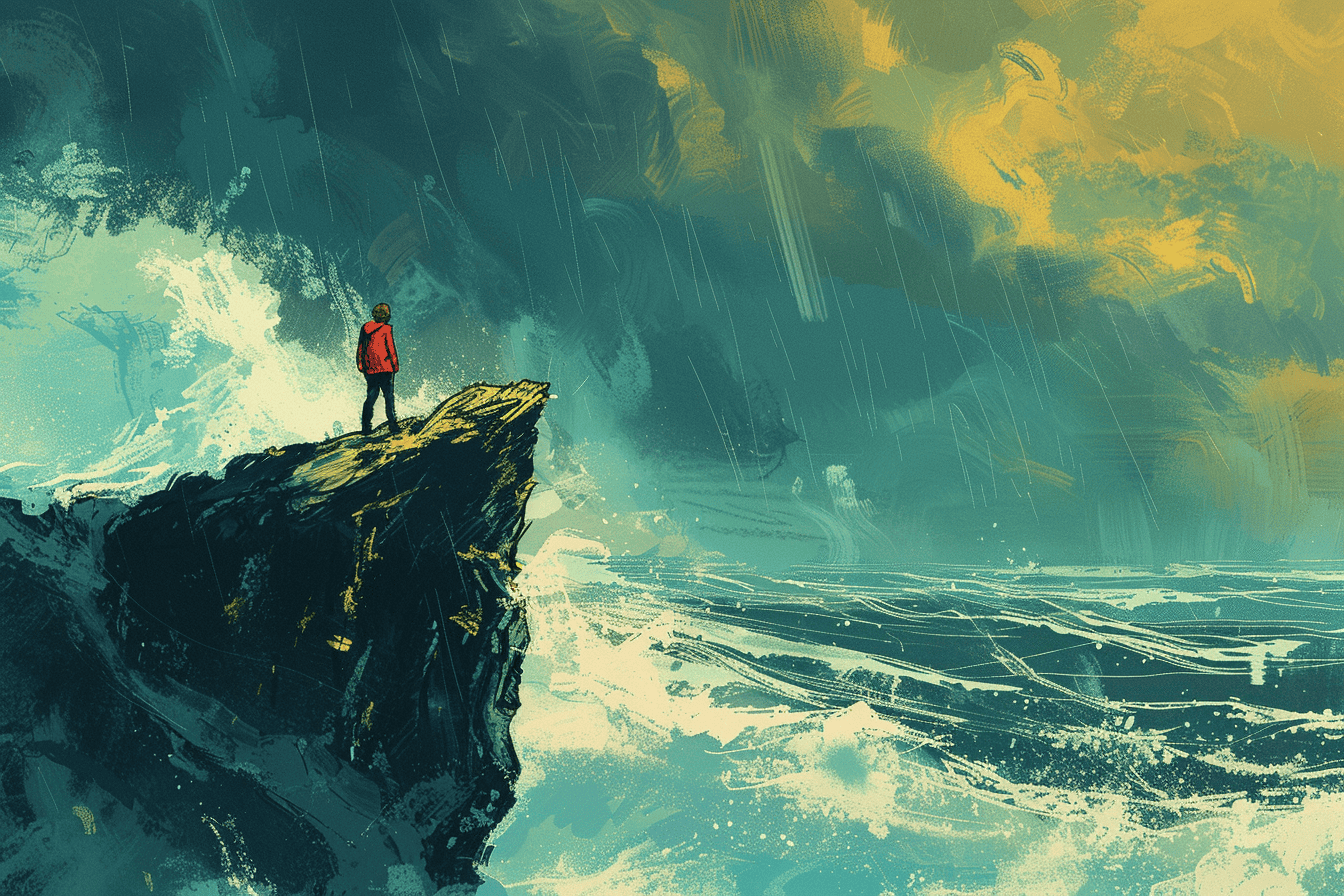 A lone adventurer standing on a cliff's edge, gazing out at a vast, stormy sea