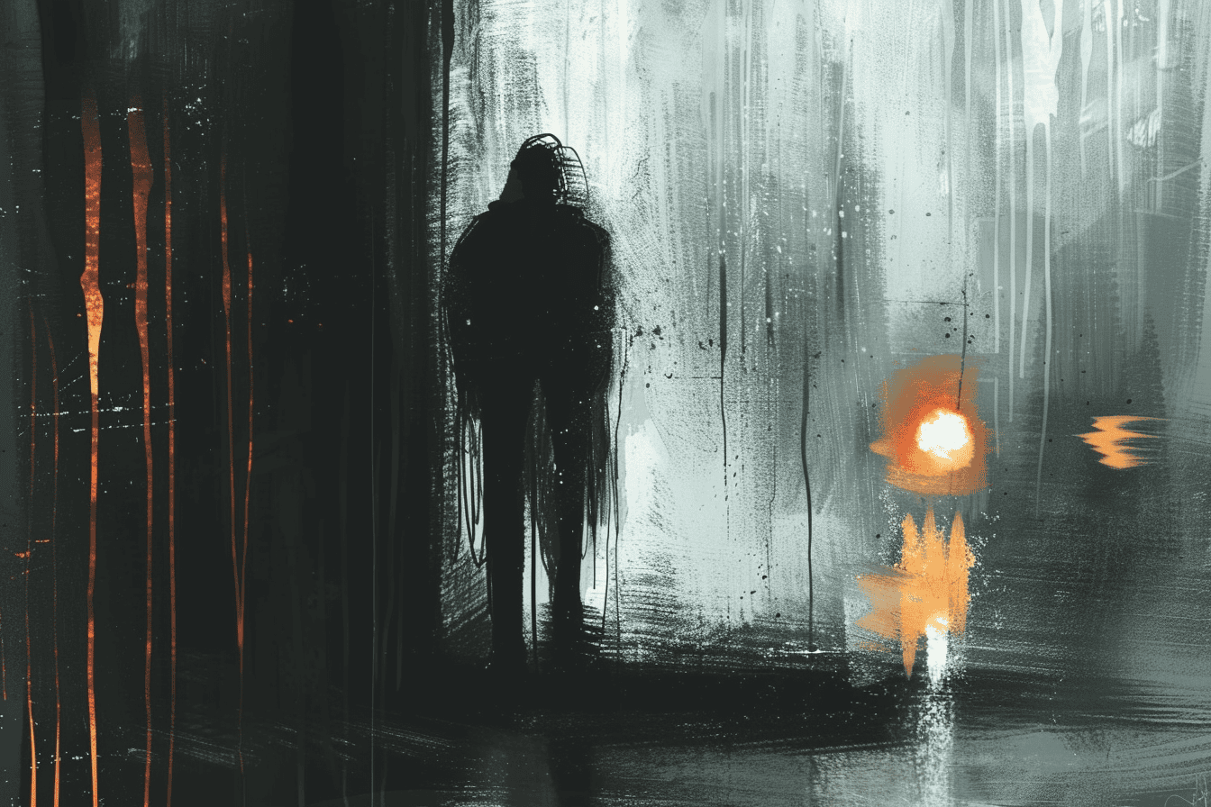 A lone figure standing on a rain-soaked street, looking at the reflection of an upcoming car