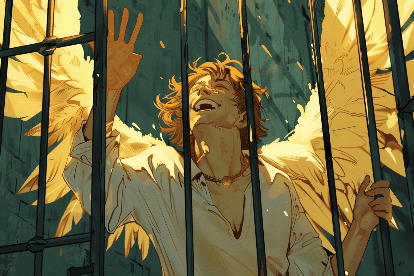 A young, happy man with golden wings trapped in a gilded cage