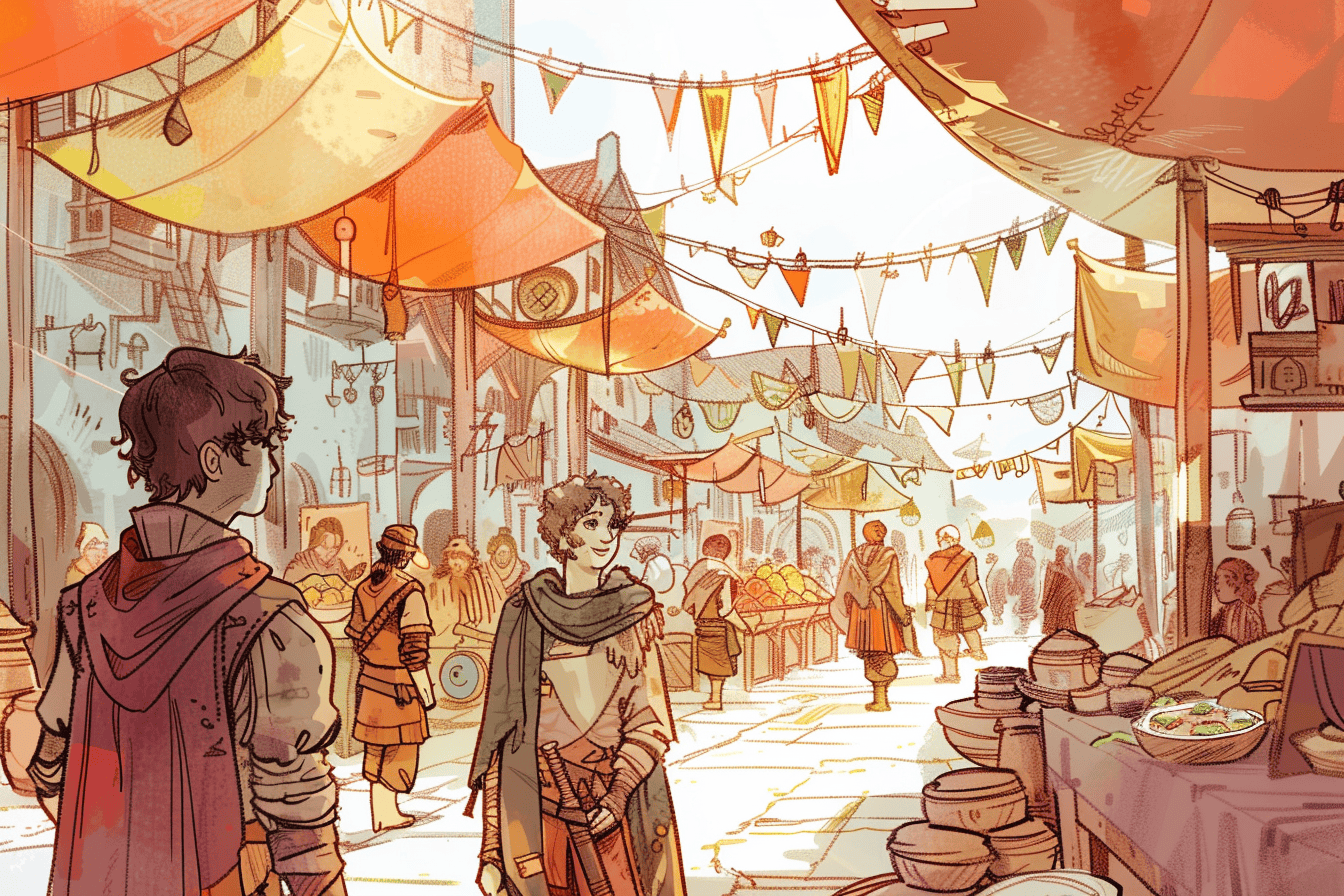 A young protagonist visiting a bustling marketplace in a medieval city filled with colorful stalls and exotic goods