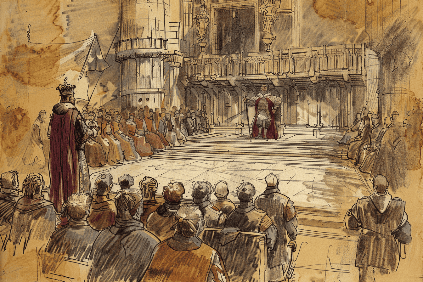 A sketch of a scene in which a ruler addresses his court and welcomes another king