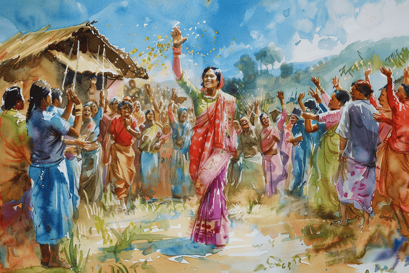 A young woman returning to her village and being celebrated by her family and neighbours in the moment of triumph