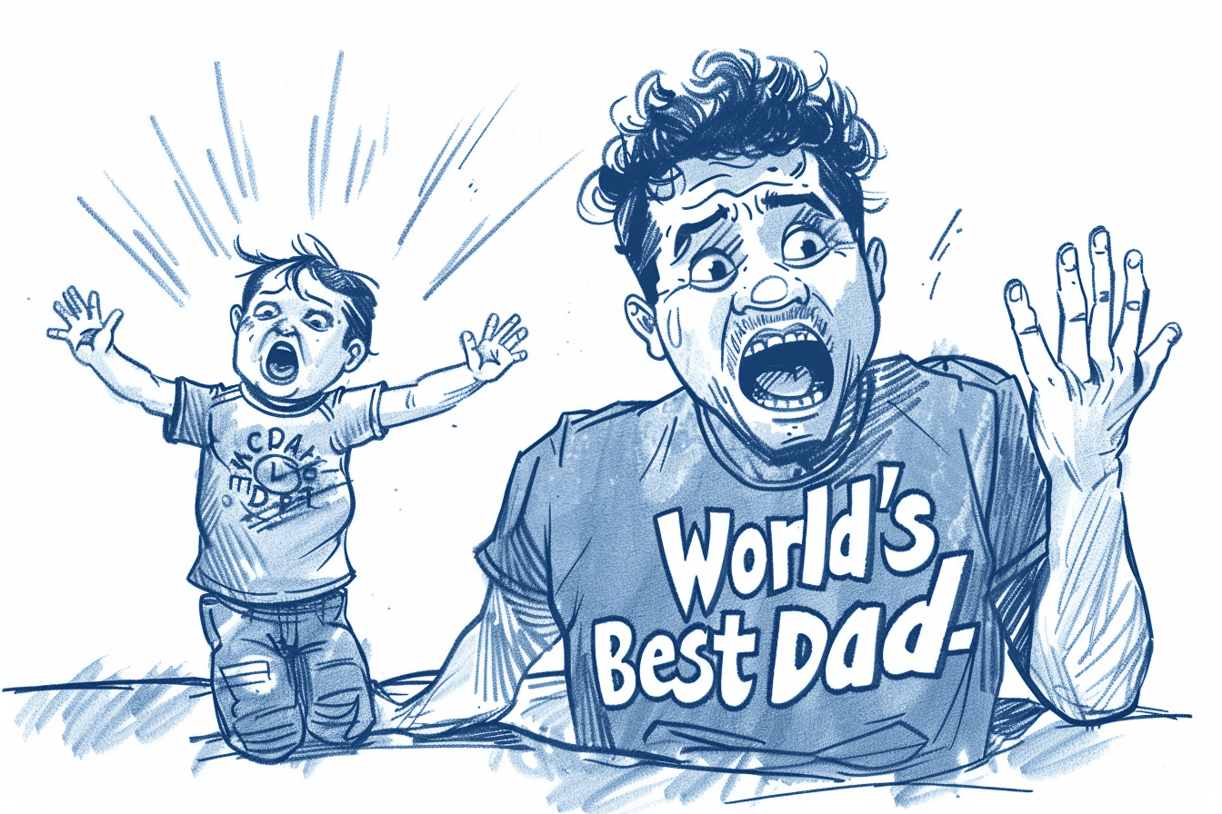 A person wearing a "World's Best Dad" t-shirt ignoring their crying child